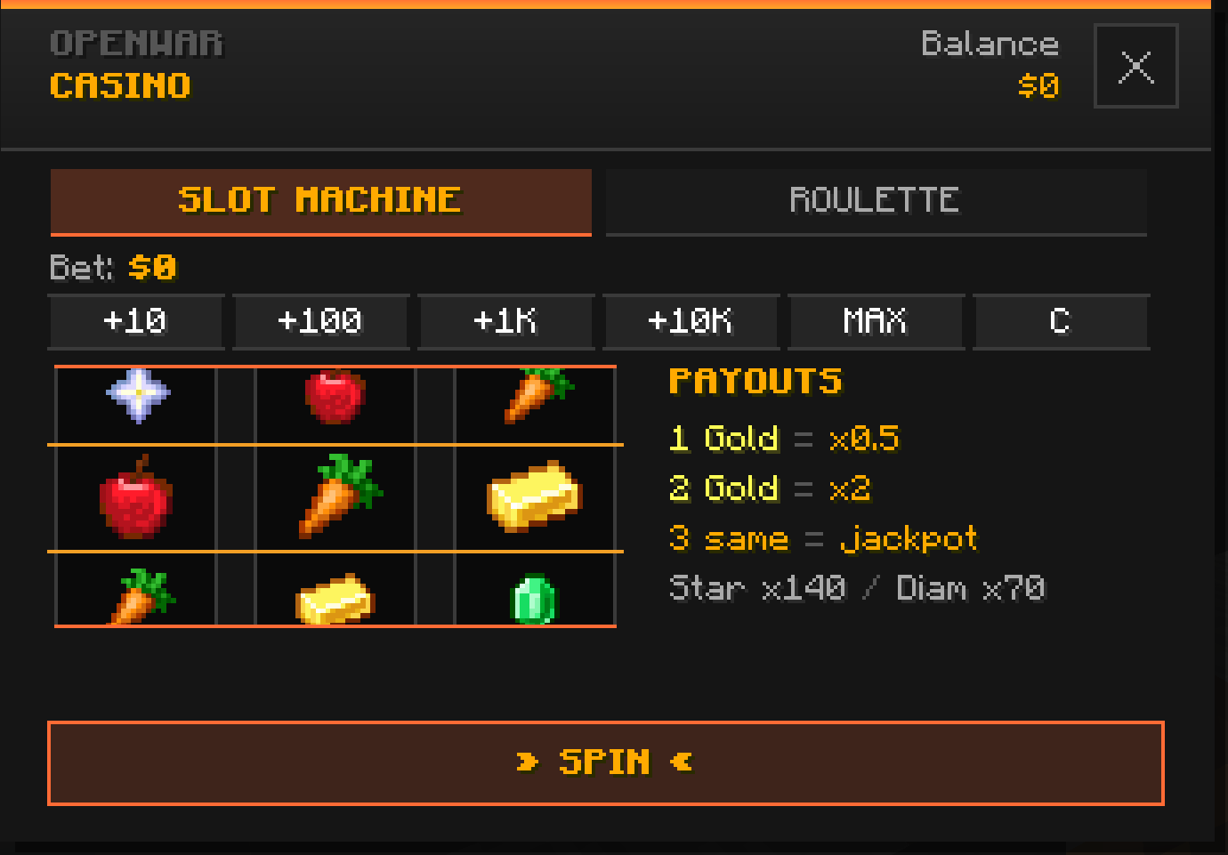 The casino window (Slot Machine tab).