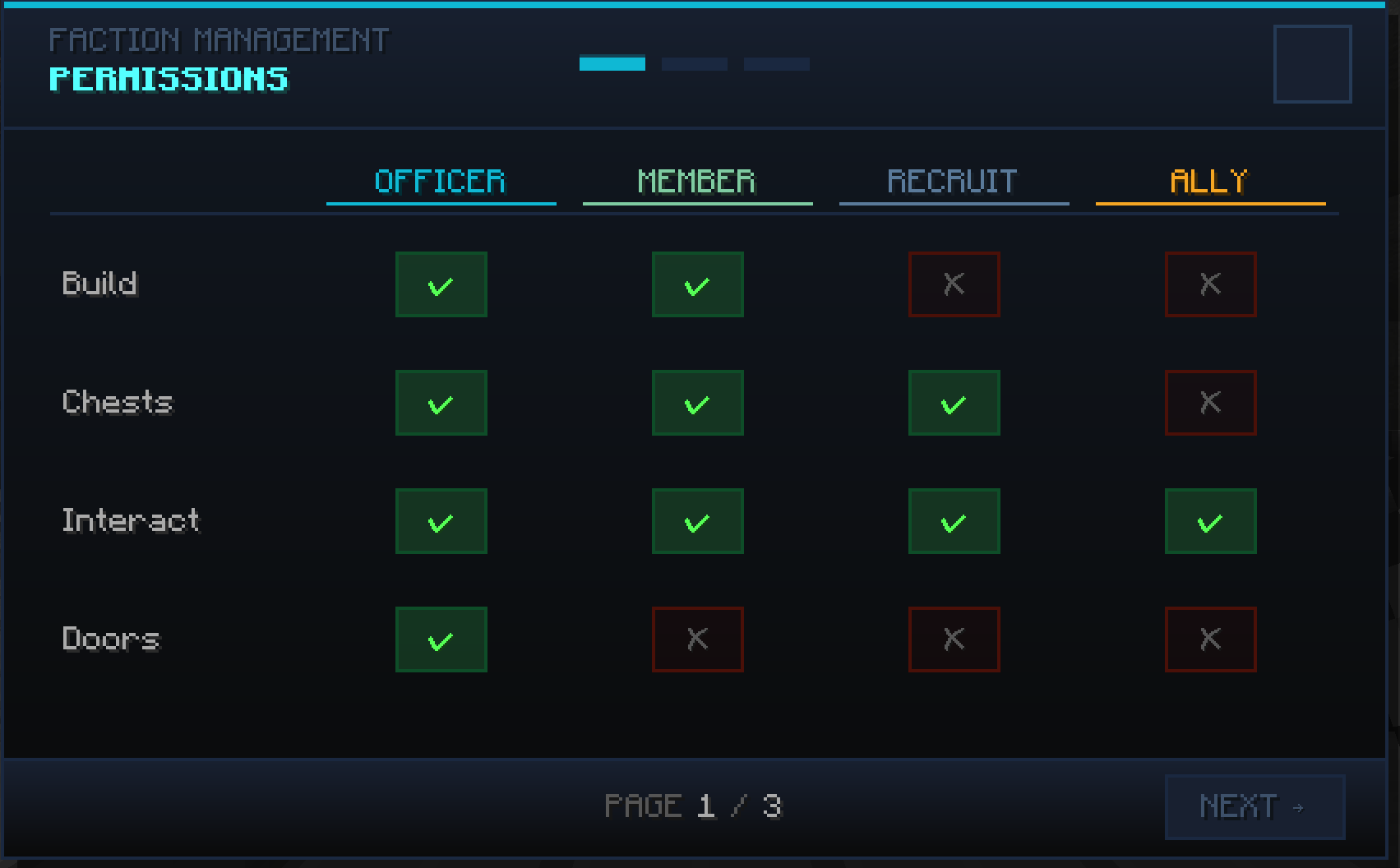 The faction permissions screen.