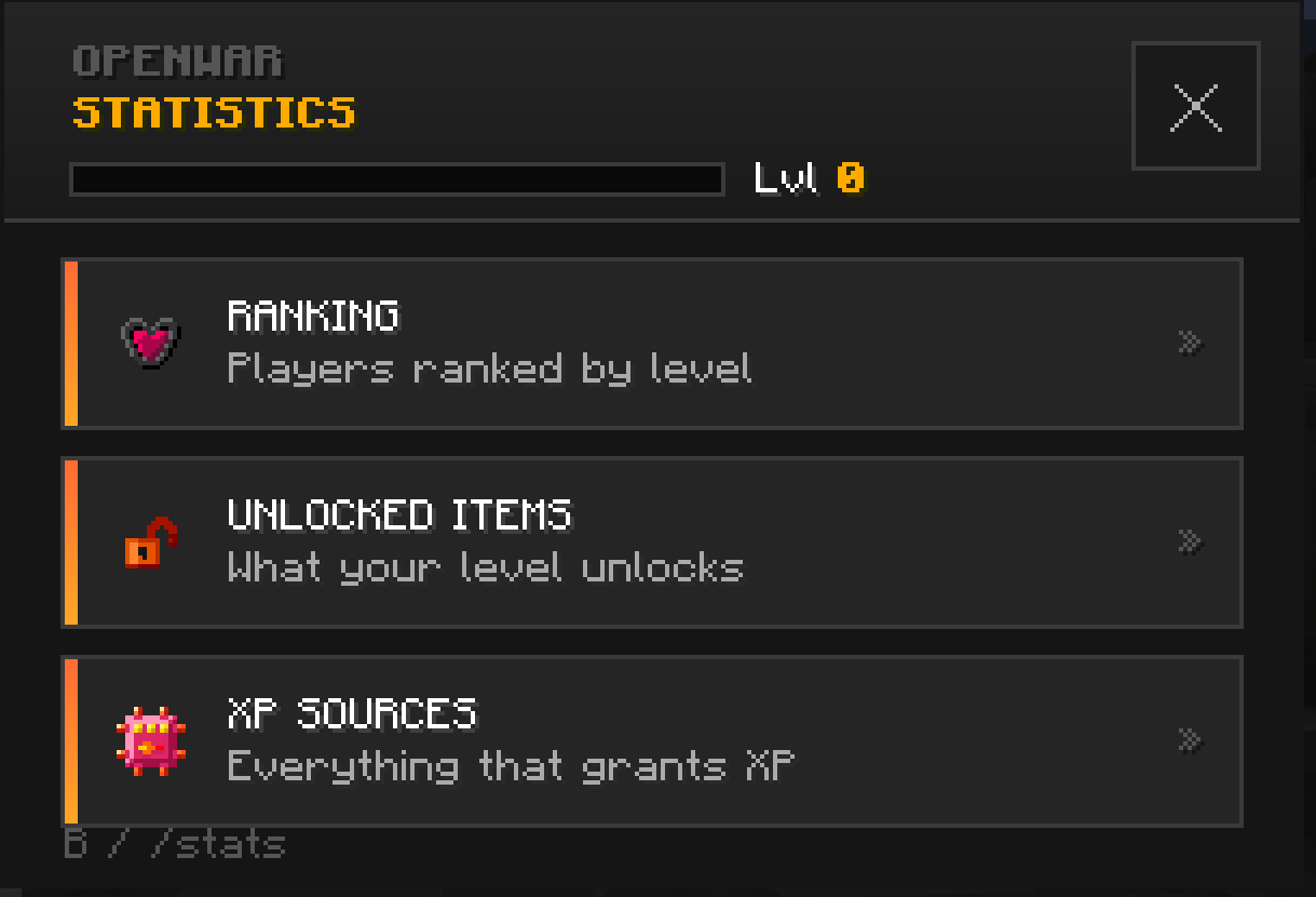The Stats menu (home screen with the 3 categories).