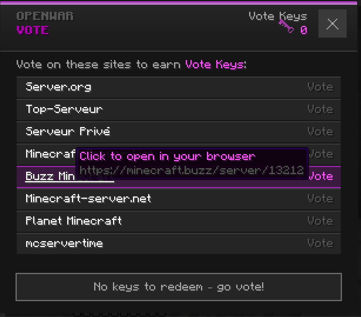 The /vote menu (list of sites + Redeem button).